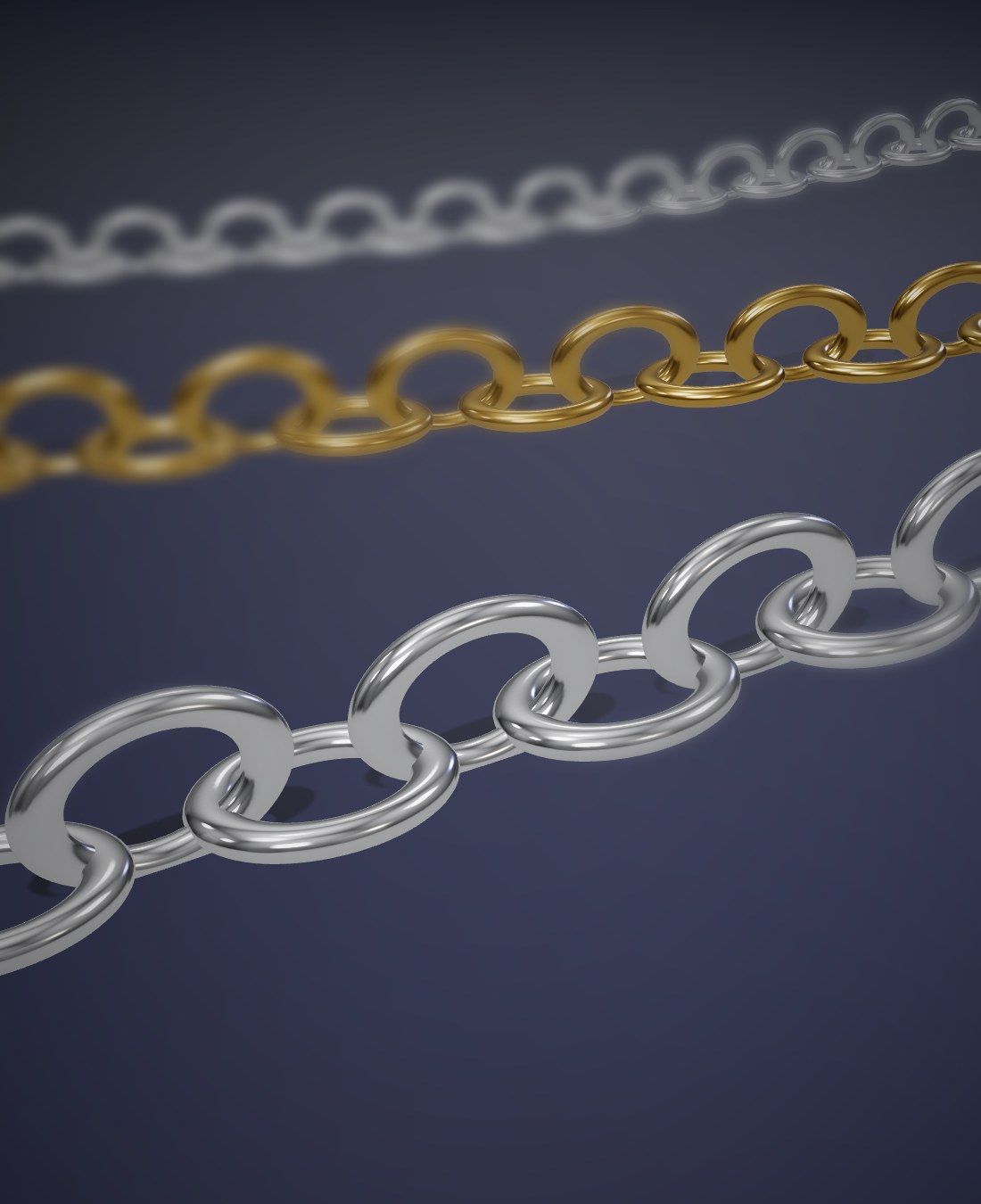 Silver cable chain with a gold-plated chain behind it, close-up