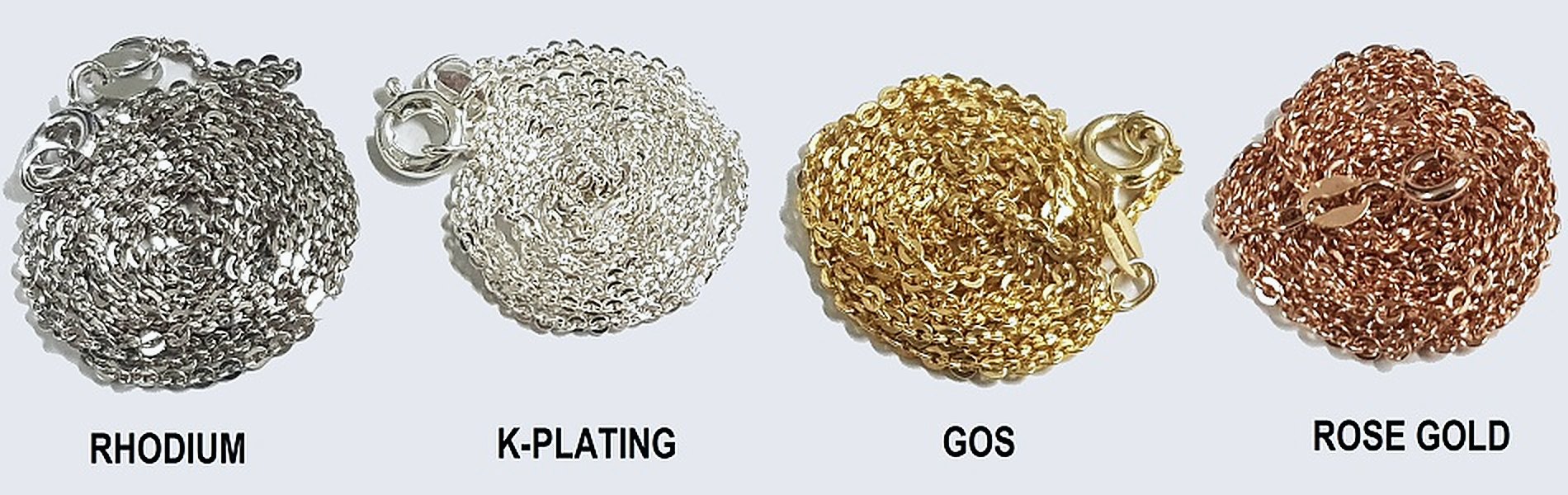 Sample chains in rhodium, K-plating, GOS and rose gold